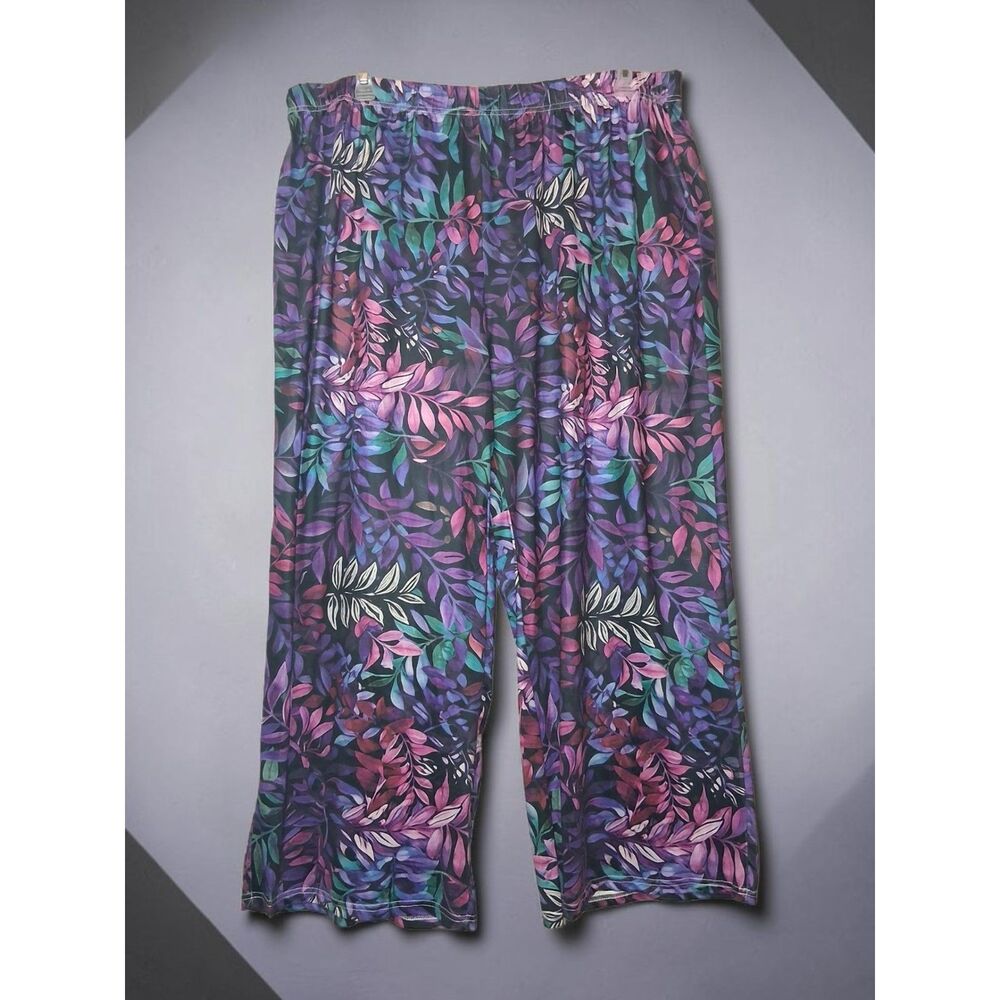 Women's Plus Size 3X Tropical Foliage Wide Leg Pants - Floral Leaf Elastic Waist